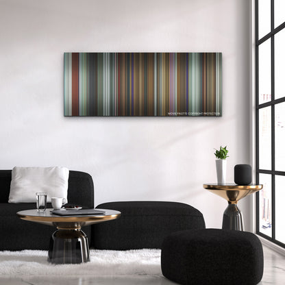 Infinity Pool color palette canvas above a black sofa with a gold-topped table