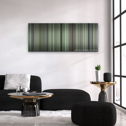 Chaos Walking color palette canvas above a black sofa with a gold-topped table