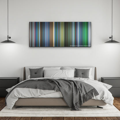 Aquaman and the Lost Kingdom color palette canvas above a bed, between two black pendant lamps