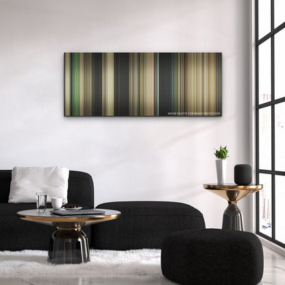 Nope color palette canvas above a black sofa with a gold-topped table