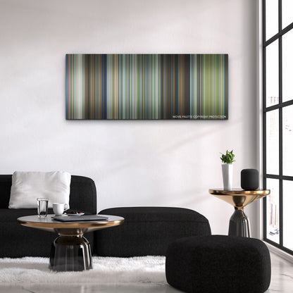 Leave the World Behind color palette canvas above a black sofa with a gold-topped table