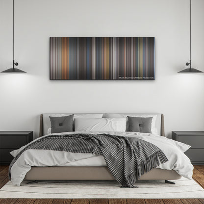Boss Level color palette canvas above a bed, between two black pendant lamps