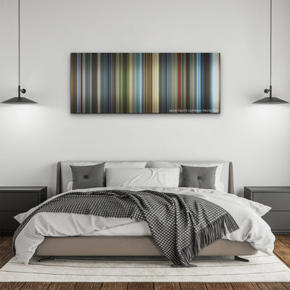 The Tomorrow War color palette canvas above a bed, between two black pendant lamps