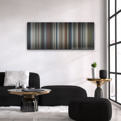 Perfect Days color palette canvas above a black sofa with a gold-topped table