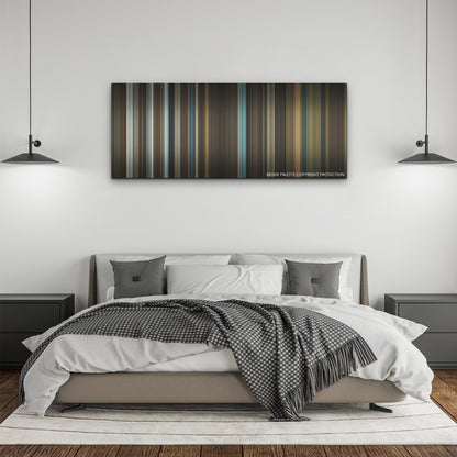 Watcher color palette canvas above a bed, between two black pendant lamps