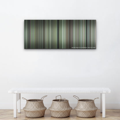 Chaos Walking color palette canvas above a white bench with three woven baskets