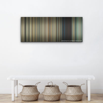 Old color palette canvas above a white bench with three woven baskets