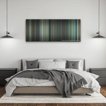 Infinite color palette canvas above a bed, between two black pendant lamps