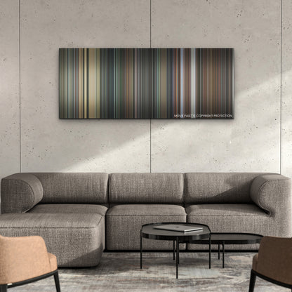 Everything Everywhere All at Once color palette canvas on a concrete wall above a gray sectional sofa