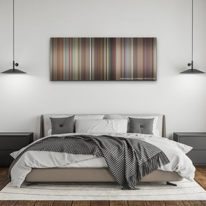 Hit Man color palette canvas above a bed, between two black pendant lamps