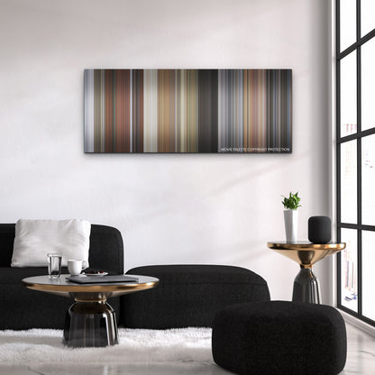 Deadpool & Wolverine color palette canvas above a black sofa with a gold-topped table