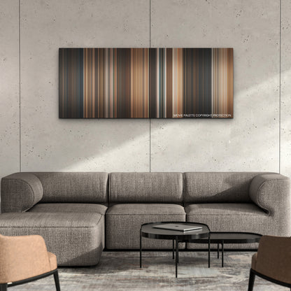 Indiana Jones and the Dial of Destiny color palette canvas on a concrete wall above a gray sectional sofa