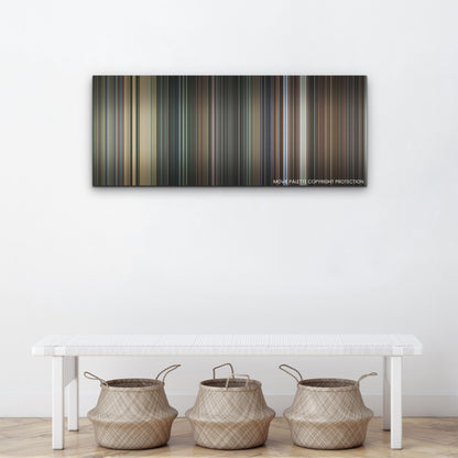 Everything Everywhere All at Once color palette canvas above a white bench with three woven baskets