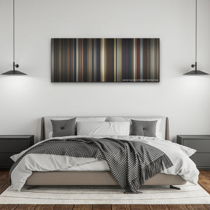 Saltburn color palette canvas above a bed, between two black pendant lamps
