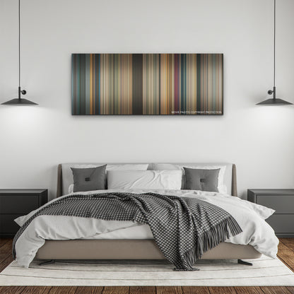 Beverly Hills Cop: Axel F color palette canvas above a bed, between two black pendant lamps