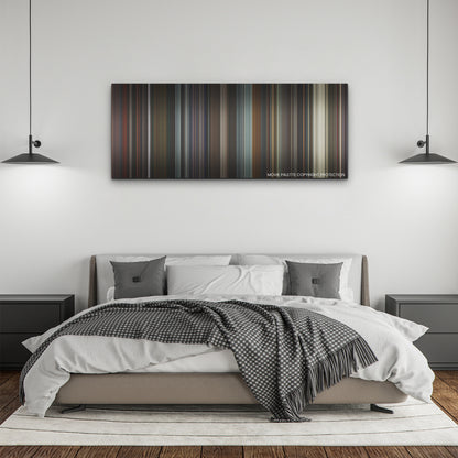 Sharper color palette canvas above a bed, between two black pendant lamps