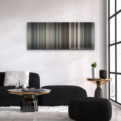 Emily the Criminal color palette canvas above a black sofa with a gold-topped table