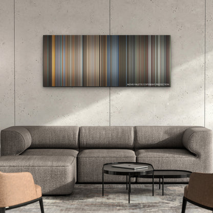 Mission: Impossible - Dead Reckoning Part One color palette canvas on a concrete wall above a gray sectional sofa