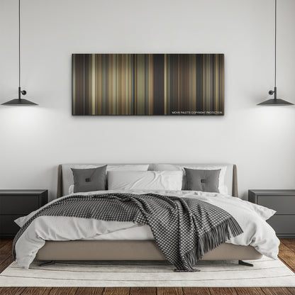 The Bikeriders color palette canvas above a bed, between two black pendant lamps