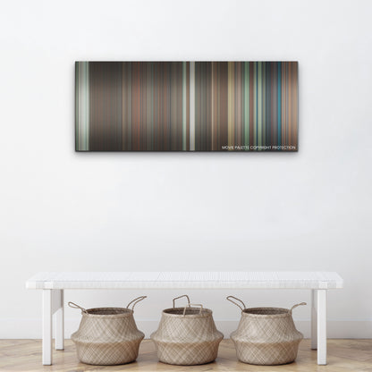 Nefarious color palette canvas above a white bench with three woven baskets