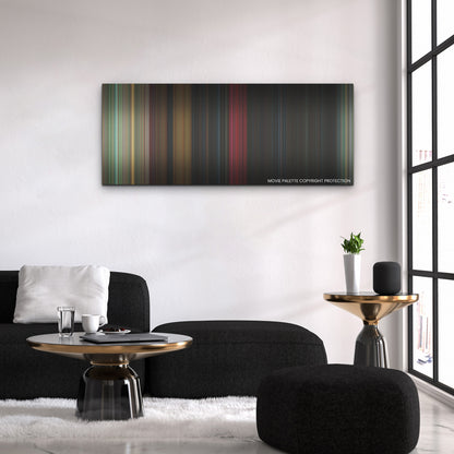 Bodies Bodies Bodies color palette canvas above a black sofa with a gold-topped table
