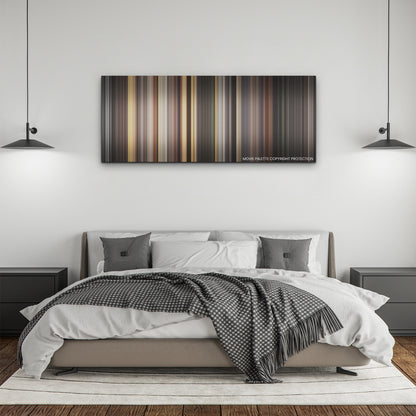 Death on the Nile color palette canvas above a bed, between two black pendant lamps