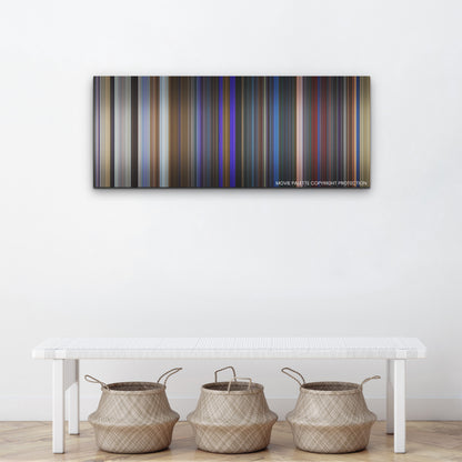 Blue Beetle color palette canvas above a white bench with three woven baskets