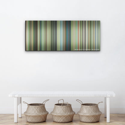 The Boy and the Heron color palette canvas above a white bench with three woven baskets