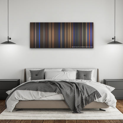 Guillermo del Toro's Pinocchio color palette canvas above a bed, between two black pendant lamps