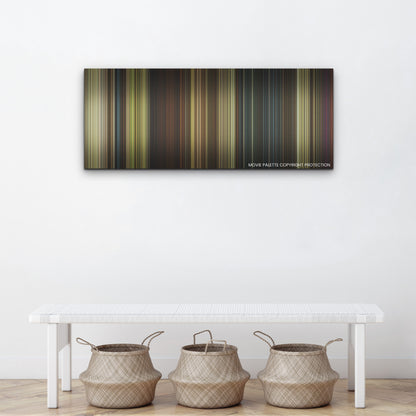 A Quiet Place Part II color palette canvas above a white bench with three woven baskets