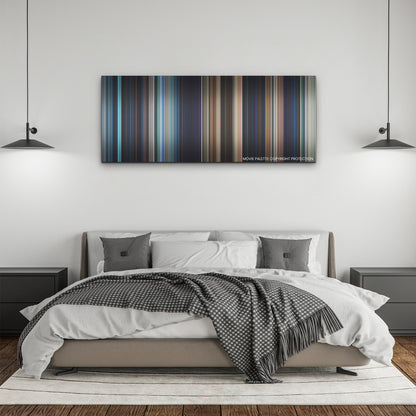 The Little Mermaid color palette canvas above a bed, between two black pendant lamps