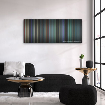 Malignant color palette canvas above a black sofa with a gold-topped table