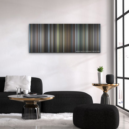The Holdovers color palette canvas above a black sofa with a gold-topped table