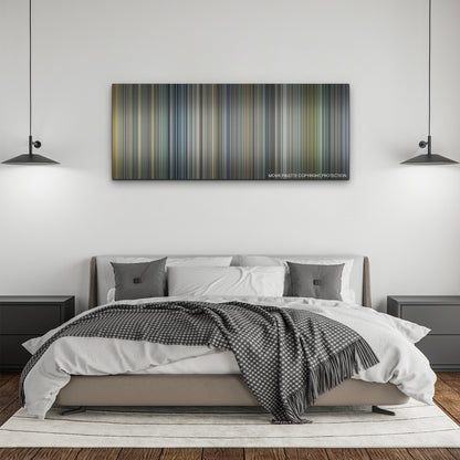 Ambulance color palette canvas above a bed, between two black pendant lamps