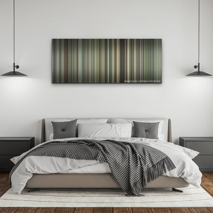 Oppenheimer color palette canvas above a bed, between two black pendant lamps