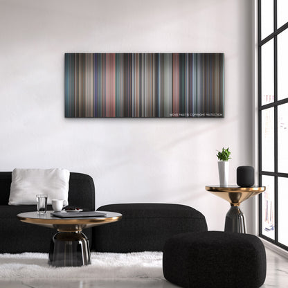 Don't Look Up color palette canvas above a black sofa with a gold-topped table