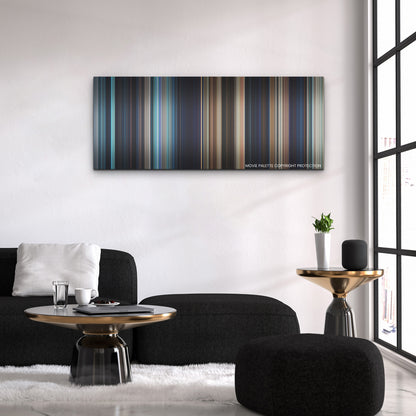 The Little Mermaid color palette canvas above a black sofa with a gold-topped table