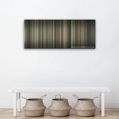 Reptile color palette canvas above a white bench with three woven baskets