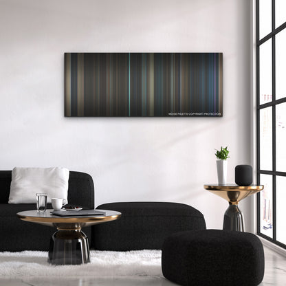 Haunted Mansion color palette canvas above a black sofa with a gold-topped table