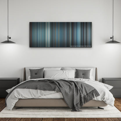Oxygen color palette canvas above a bed, between two black pendant lamps