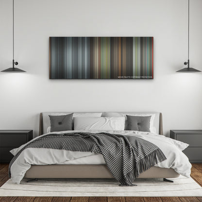 Maestro color palette canvas above a bed, between two black pendant lamps