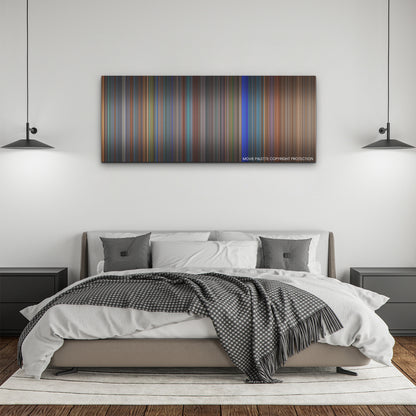 Bullet Train color palette canvas above a bed, between two black pendant lamps
