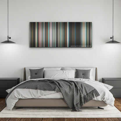 Aftersun color palette canvas above a bed, between two black pendant lamps