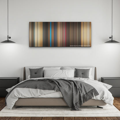 The Fall Guy color palette canvas above a bed, between two black pendant lamps