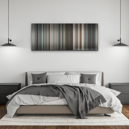 Emily the Criminal color palette canvas above a bed, between two black pendant lamps