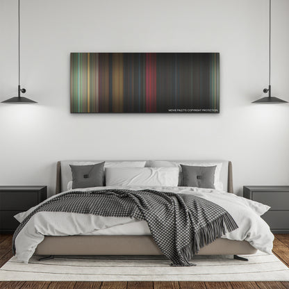 Bodies Bodies Bodies color palette canvas above a bed, between two black pendant lamps