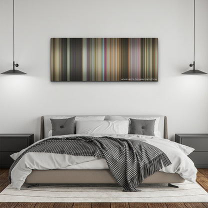 IF color palette canvas above a bed, between two black pendant lamps