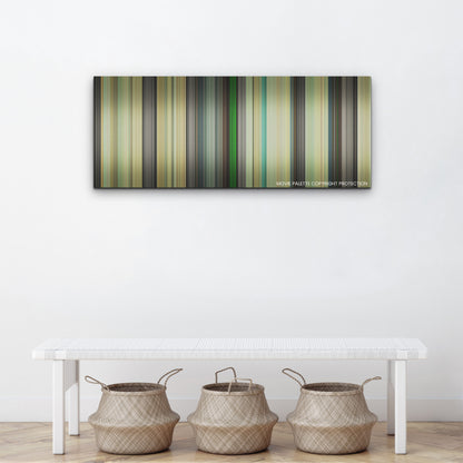 Asteroid City color palette canvas above a white bench with three woven baskets