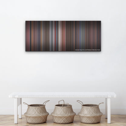 See How They Run color palette canvas above a white bench with three woven baskets