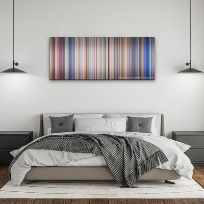 Sing 2 color palette canvas above a bed, between two black pendant lamps
